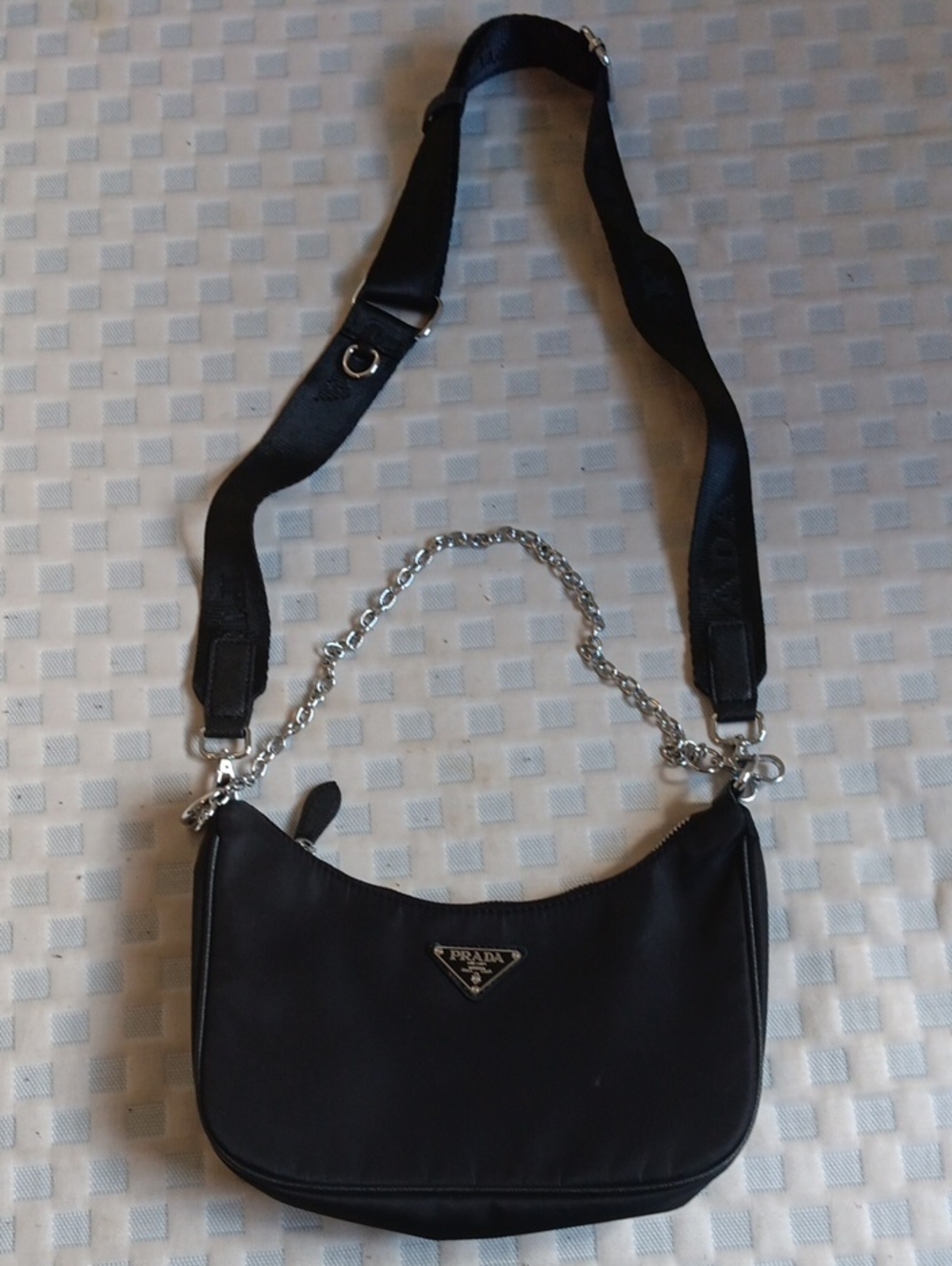 Prada Black Nylon Shoulder Bag with Chain and Wide Strap